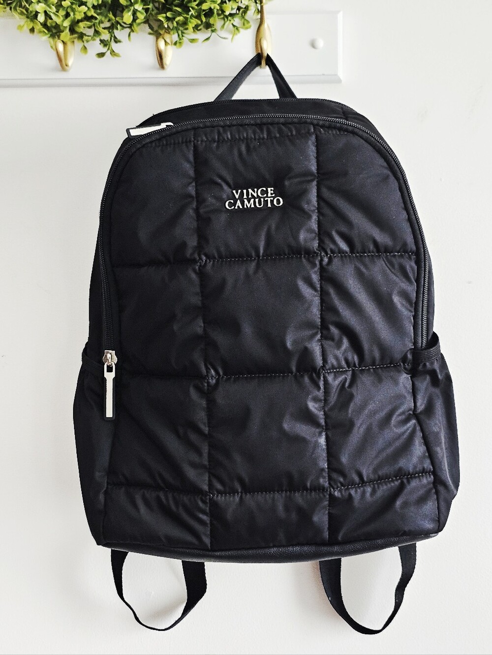 Vince Camuto Black Quilted Nylon Backpack Logo Zip Pockets Travel Bag
